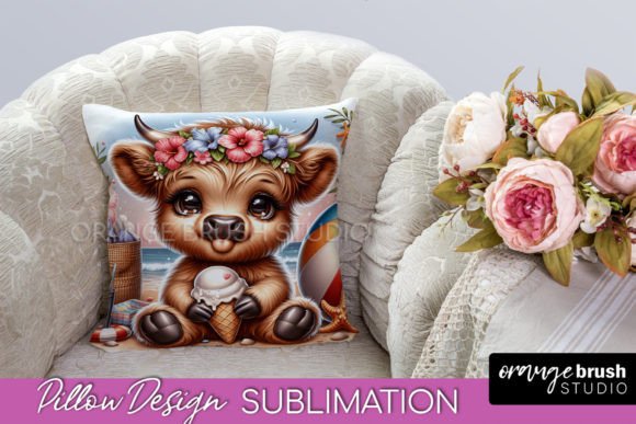 Download Beach Highland Cow Pillow Cover PNG - Beach highland cow Collection